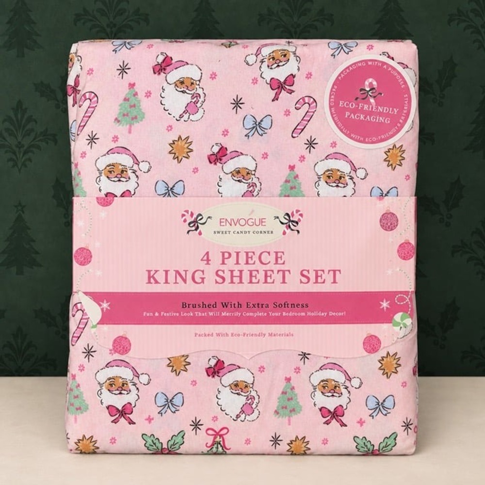 Envogue Pink Coquette Santa KING Sheet Set Pastel Christmas Pinkmas Holiday NEW